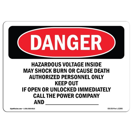 Signmission OSHA Danger Sign, 3.5" Height, 5" Wide, Hazardous Volt Inside May Shock Burn, Landscape, 10PK OS-DS-D-35-L-2285-10PK